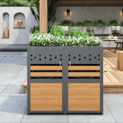 Caixa para caixotes do lixo 2 unidades 120-240 L - Com teto de plantas, porta com efeito de madeira, opção de ampliação - Cinza e Natural