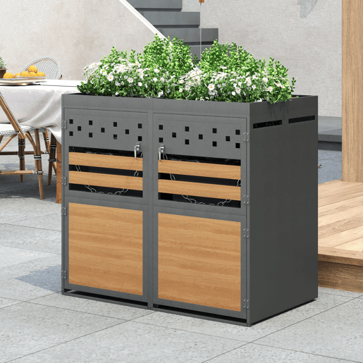 Caixa para caixotes do lixo 2 unidades 120-240 L - Com teto de plantas, porta com efeito de madeira, opção de ampliação - Cinza e Natural