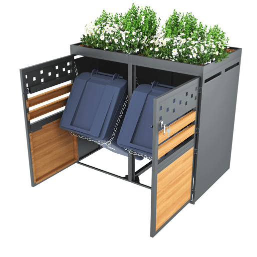Caixa para caixotes do lixo 2 unidades 120-240 L - Com teto de plantas, porta com efeito de madeira, opção de ampliação - Cinza e Natural