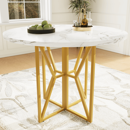 Mesa redonda 80x80 cm - mesa para 4-6 pessoas, pernas douradas, superfície em MDF marmorizado