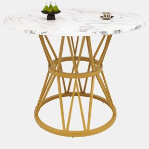 Mesa redonda 100x100 cm - Mesa de cozinha, mesa de café para 4 pessoas, pernas de metal, tampo em MDF com acabamento em mármore - Dourado