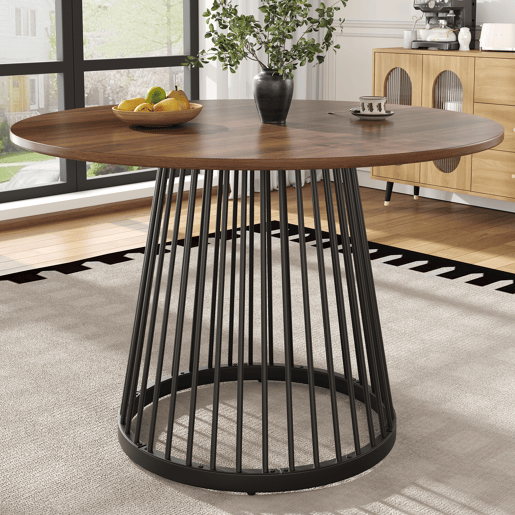 Mesa redonda 80x80x76 cm - Mesa de cozinha, mesa de café para 4 pessoas, com pernas de metal e tampo em MDF cor nogueira - Preto+Nogueira