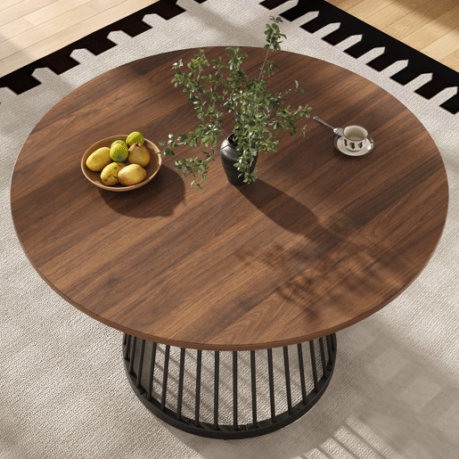 Mesa redonda 80x80x76 cm - Mesa de cozinha, mesa de café para 4 pessoas, com pernas de metal e tampo em MDF cor nogueira - Preto+Nogueira