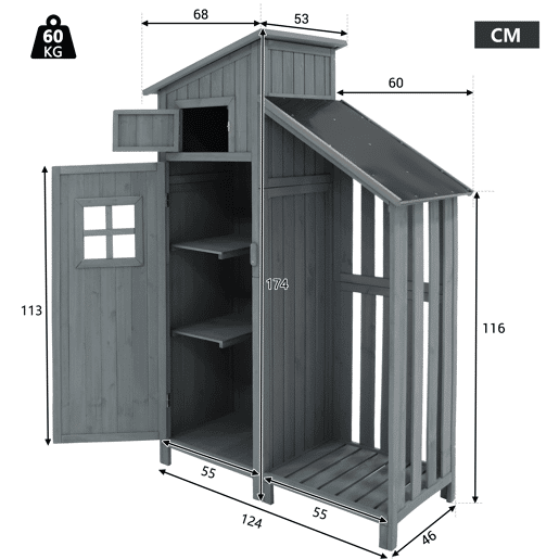 Casinha de jardim 124x46x174 cm - Para jardins pequenos - Cinza