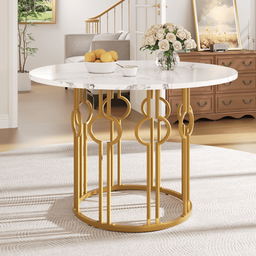 Mesa redonda 100x100x76 cm - Mesa de jantar com pernas metálicas e tampo em MDF marmorizado - Dourado