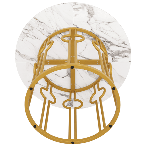 Mesa redonda 100x100x76 cm - Mesa de jantar com pernas metálicas e tampo em MDF marmorizado - Dourado