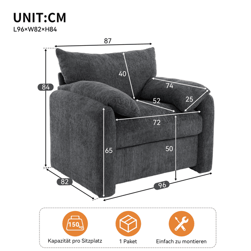 Poltrona individual grande - Design moderno, tecido chenille, tamanho grande - Cinza