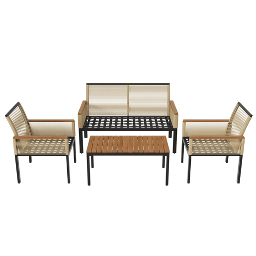 Conjunto de jardim de 4 peças - Sofá duplo, 2 cadeiras e mesa, Rattan, Bege
