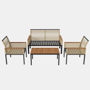 Conjunto de jardim de 4 peças - Sofá duplo, 2 cadeiras e mesa, Rattan, Bege