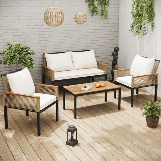 Conjunto de jardim de 4 peças - Sofá duplo, 2 cadeiras e mesa, Rattan, Bege