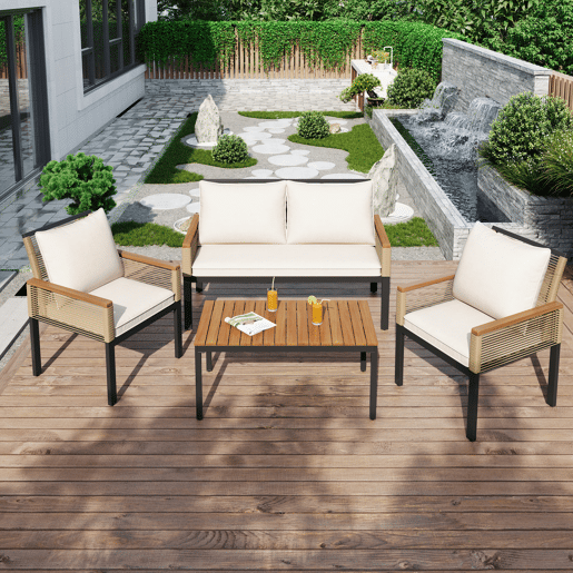 Conjunto de jardim de 4 peças - Sofá duplo, 2 cadeiras e mesa, Rattan, Bege