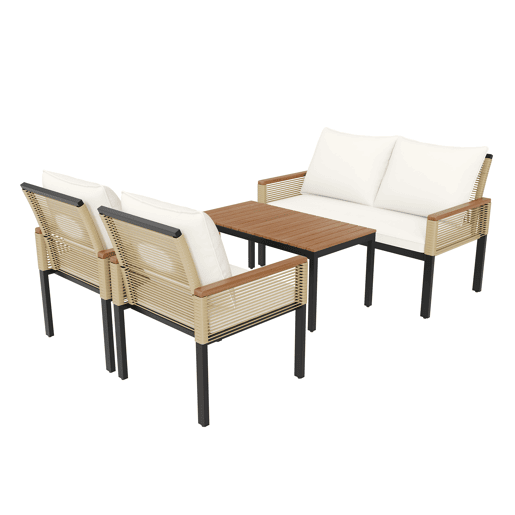 Conjunto de jardim de 4 peças - Sofá duplo, 2 cadeiras e mesa, Rattan, Bege