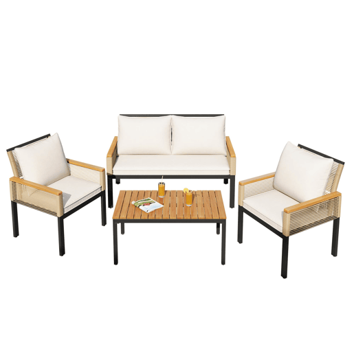 Conjunto de jardim de 4 peças - Sofá duplo, 2 cadeiras e mesa, Rattan, Bege