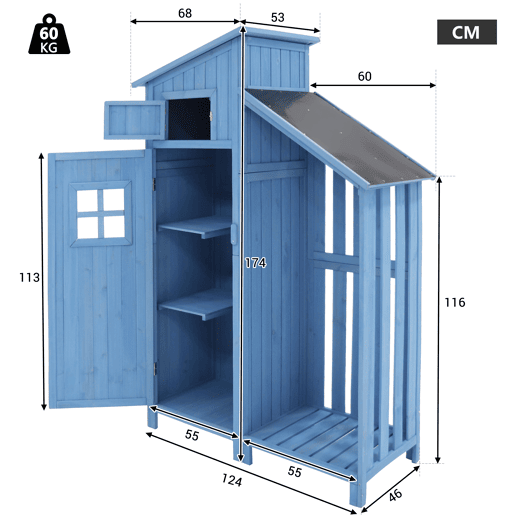Casinha de jardim 124x46x174 cm - Armário de jardim, madeira, para espaços pequenos - Azul