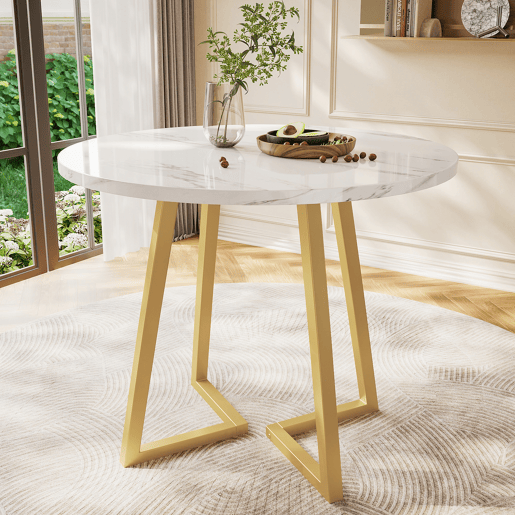 Mesa redonda - Mesa de jantar com base metálica única, design moderno com padrão marmorizado - Branco
