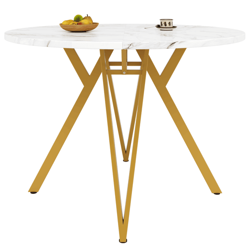 Mesa redonda 100x100 cm - Mesa de cozinha, mesa de jantar para 4 pessoas, pernas metálicas, tampo em MDF mármore - Dourado