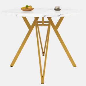 Mesa redonda 100x100 cm - Mesa de cozinha, mesa de jantar para 4 pessoas, pernas metálicas, tampo em MDF mármore - Dourado