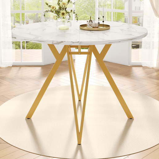 Mesa redonda 100x100 cm - Mesa de cozinha, mesa de jantar para 4 pessoas, pernas metálicas, tampo em MDF mármore - Dourado