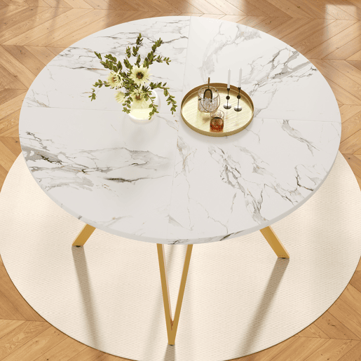 Mesa redonda 100x100 cm - Mesa de cozinha, mesa de jantar para 4 pessoas, pernas metálicas, tampo em MDF mármore - Dourado