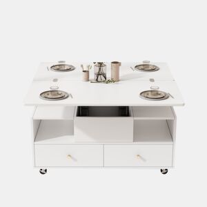 Mesa de centro elevável 100x50x47,5 cm - 4 gavetas, hidráulica dupla, rodas - Branco