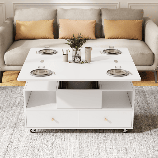 Mesa de centro elevável 100x50x47,5 cm - 4 gavetas, hidráulica dupla, rodas - Branco