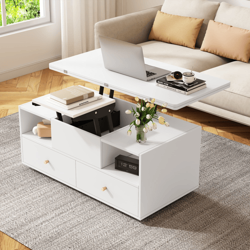 Mesa de centro elevável 100x50x47,5 cm - 4 gavetas, hidráulica dupla, rodas - Branco