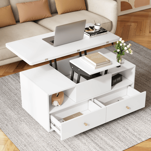 Mesa de centro elevável 100x50x47,5 cm - 4 gavetas, hidráulica dupla, rodas - Branco