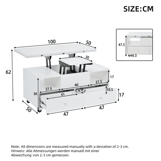 Mesa de centro elevável 100x50x47,5 cm - 4 gavetas, hidráulica dupla, rodas - Branco