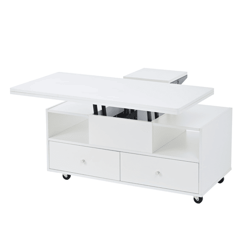 Mesa de centro elevável 100x50x47,5 cm - 4 gavetas, hidráulica dupla, rodas - Branco
