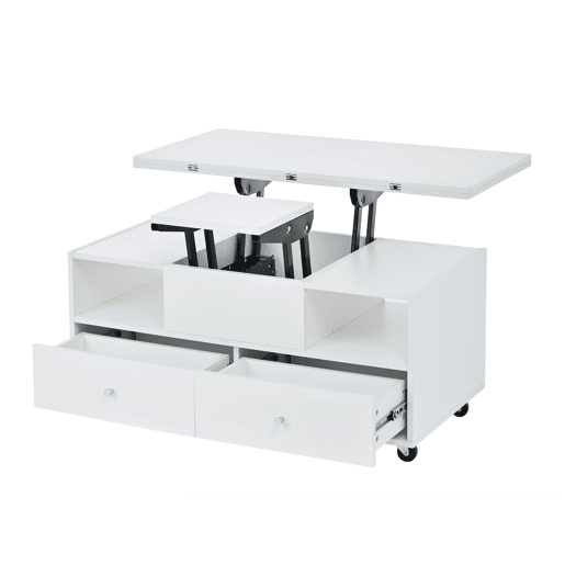 Mesa de centro elevável 100x50x47,5 cm - 4 gavetas, hidráulica dupla, rodas - Branco