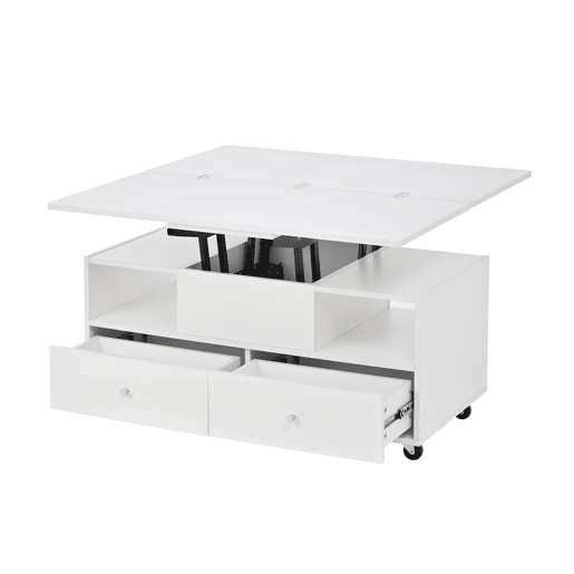 Mesa de centro elevável 100x50x47,5 cm - 4 gavetas, hidráulica dupla, rodas - Branco