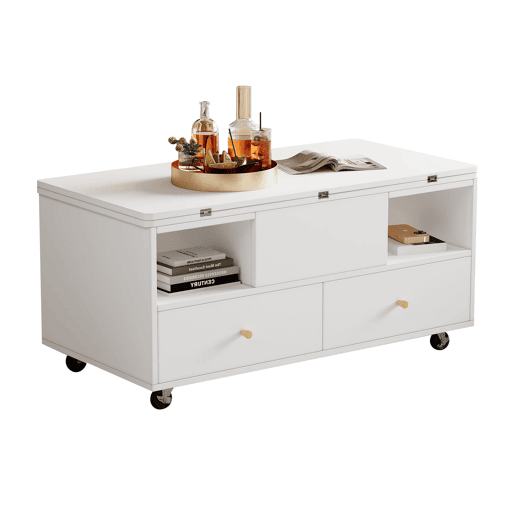 Mesa de centro elevável 100x50x47,5 cm - 4 gavetas, hidráulica dupla, rodas - Branco