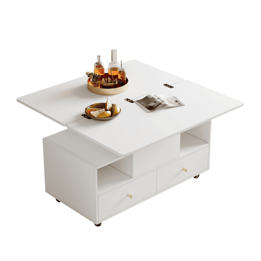 Mesa de centro elevável 100x50x47,5 cm - 4 gavetas, hidráulica dupla, rodas - Branco