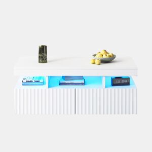 Mesa de centro 100x50x45 cm - 2 gavetas, LED, design estriado vertical - Branco