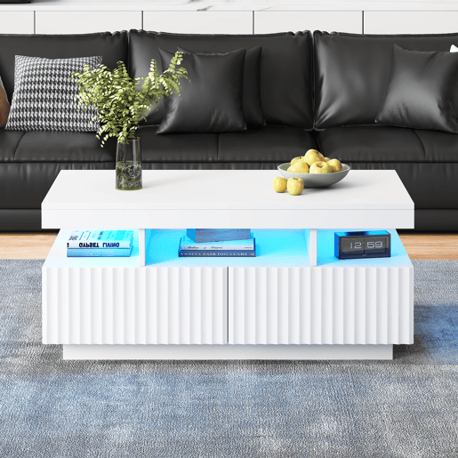 Mesa de centro 100x50x45 cm - 2 gavetas, LED, design estriado vertical - Branco Mesa de centro 100x50x45 cm - 2 gavetas, LED, design estriado vertical - Branco