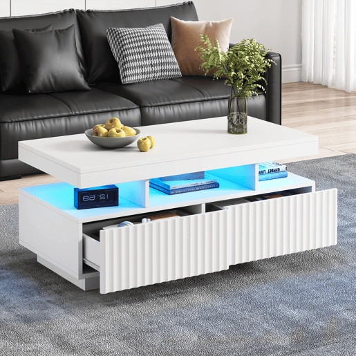 Mesa de centro 100x50x45 cm - 2 gavetas, LED, design estriado vertical - Branco Mesa de centro 100x50x45 cm - 2 gavetas, LED, design estriado vertical - Branco