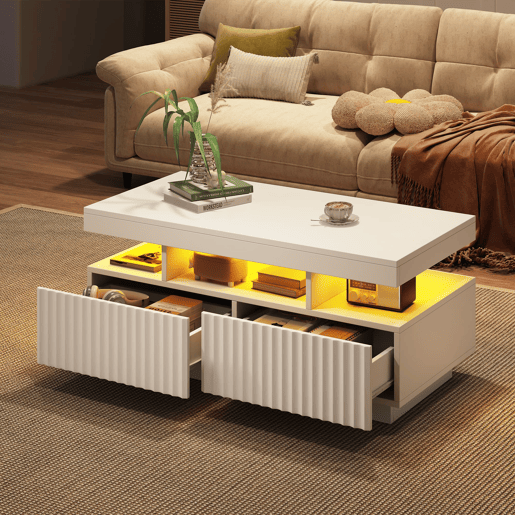 Mesa de centro 100x50x45 cm - 2 gavetas, LED, design estriado vertical - Branco Mesa de centro 100x50x45 cm - 2 gavetas, LED, design estriado vertical - Branco