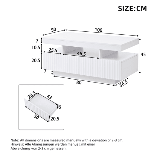 Mesa de centro 100x50x45 cm - 2 gavetas, LED, design estriado vertical - Branco Mesa de centro 100x50x45 cm - 2 gavetas, LED, design estriado vertical - Branco
