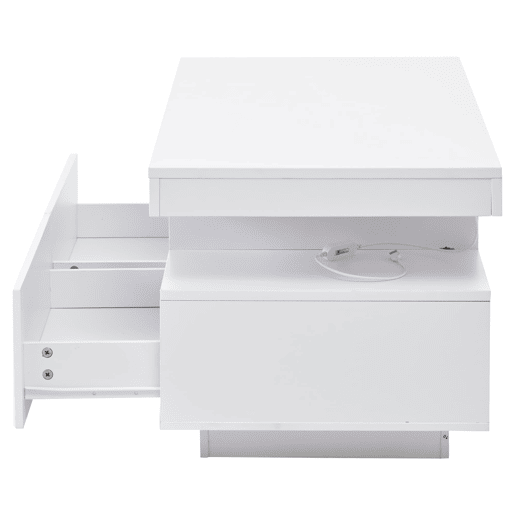 Mesa de centro 100x50x45 cm - 2 gavetas, LED, design estriado vertical - Branco Mesa de centro 100x50x45 cm - 2 gavetas, LED, design estriado vertical - Branco