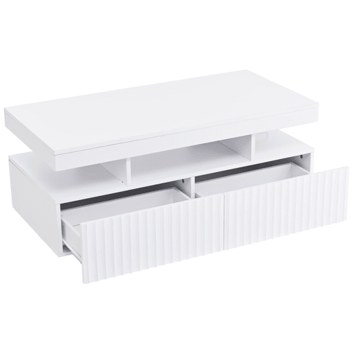 Mesa de centro 100x50x45 cm - 2 gavetas, LED, design estriado vertical - Branco Mesa de centro 100x50x45 cm - 2 gavetas, LED, design estriado vertical - Branco