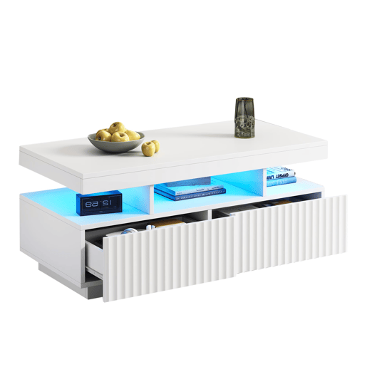 Mesa de centro 100x50x45 cm - 2 gavetas, LED, design estriado vertical - Branco Mesa de centro 100x50x45 cm - 2 gavetas, LED, design estriado vertical - Branco