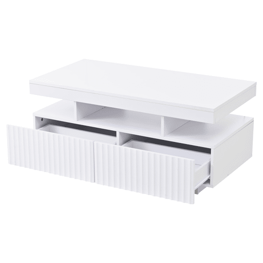 Mesa de centro 100x50x45 cm - 2 gavetas, LED, design estriado vertical - Branco Mesa de centro 100x50x45 cm - 2 gavetas, LED, design estriado vertical - Branco