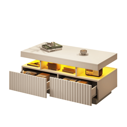 Mesa de centro 100x50x45 cm - 2 gavetas, LED, design estriado vertical - Branco Mesa de centro 100x50x45 cm - 2 gavetas, LED, design estriado vertical - Branco