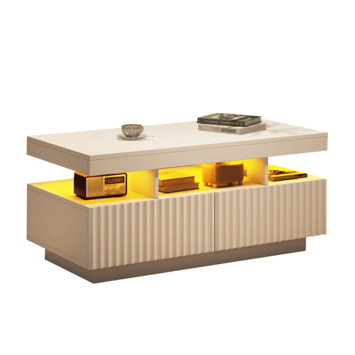 Mesa de centro 100x50x45 cm - 2 gavetas, LED, design estriado vertical - Branco Mesa de centro 100x50x45 cm - 2 gavetas, LED, design estriado vertical - Branco