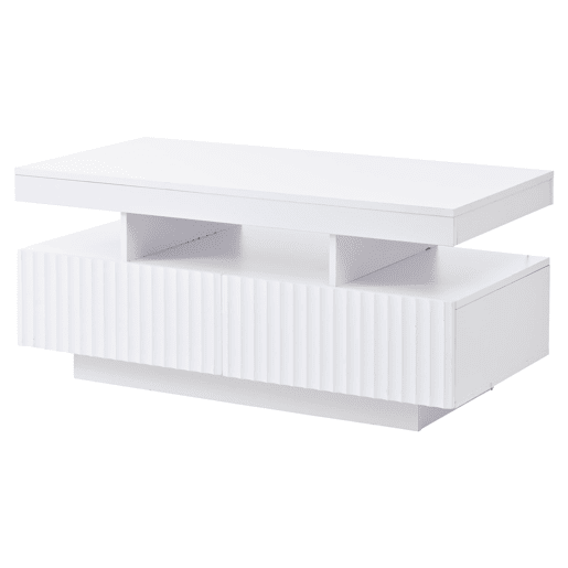 Mesa de centro 100x50x45 cm - 2 gavetas, LED, design estriado vertical - Branco Mesa de centro 100x50x45 cm - 2 gavetas, LED, design estriado vertical - Branco