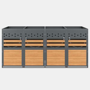 Caixa para caixotes do lixo 4 unidades - com teto de plantas, 120-240 litros - porta cinzenta com aspeto de madeira