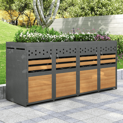 Caixa para caixotes do lixo 4 unidades - com teto de plantas, 120-240 litros - porta cinzenta com aspeto de madeira