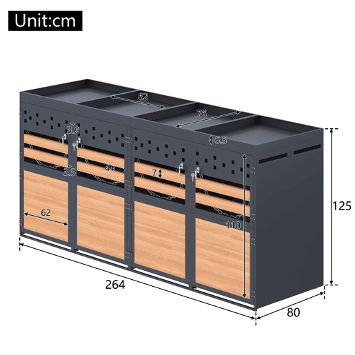 Caixa para caixotes do lixo 4 unidades - com teto de plantas, 120-240 litros - porta cinzenta com aspeto de madeira
