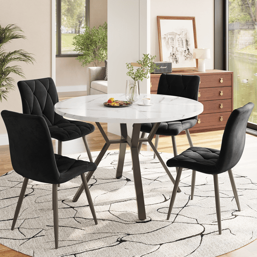 Mesa de jantar redonda 1 m - Mesa de mármore moderna e simples com suporte metálico em forma de X - Preta+Branca