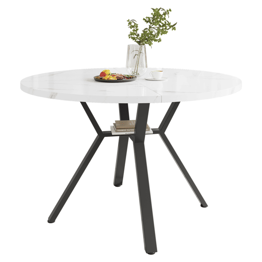 Mesa de jantar redonda 1 m - Mesa de mármore moderna e simples com suporte metálico em forma de X - Preta+Branca